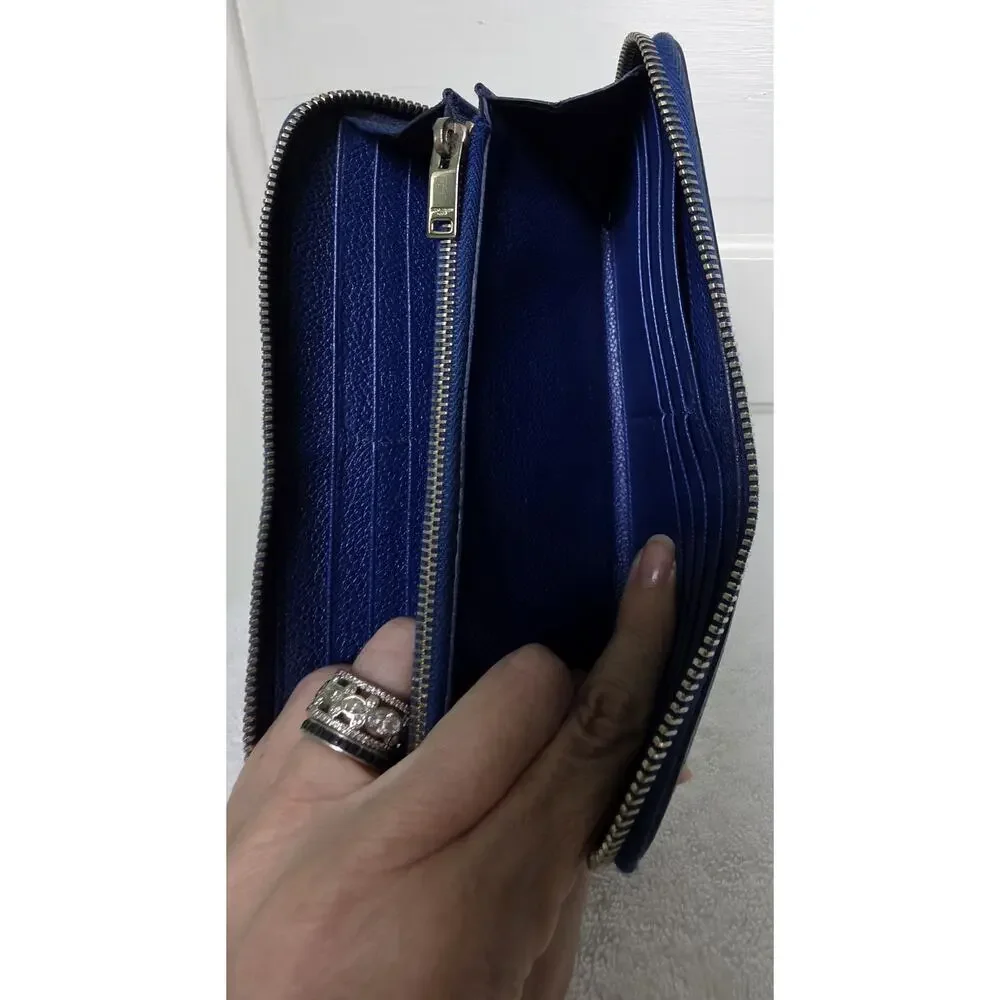Saint Laurent YSL Women’s Blue Solid Leather Zip-Around Wallet w/ COA